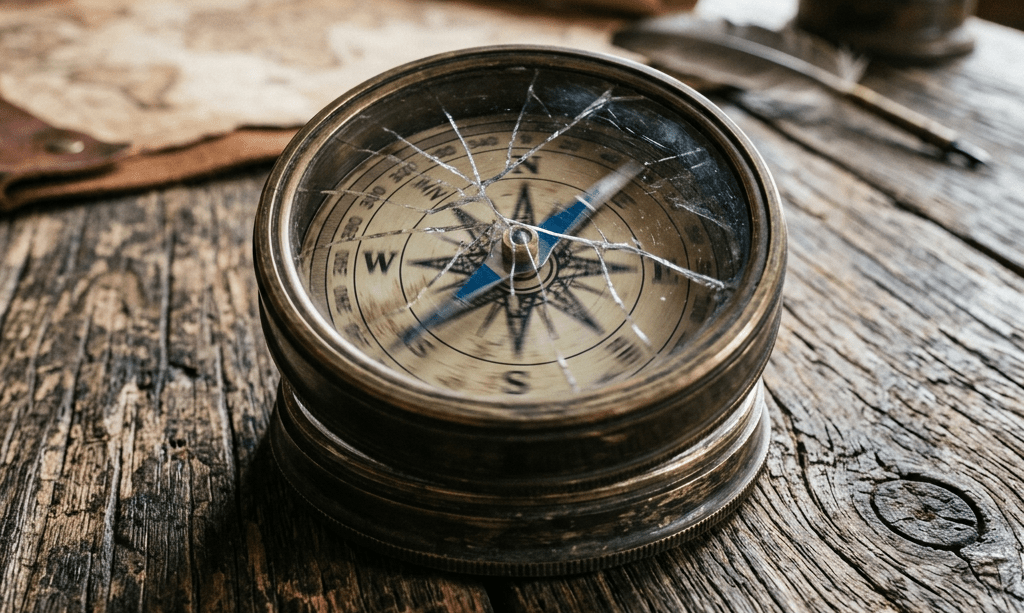 Vintage compass with cracked glass on wooden table