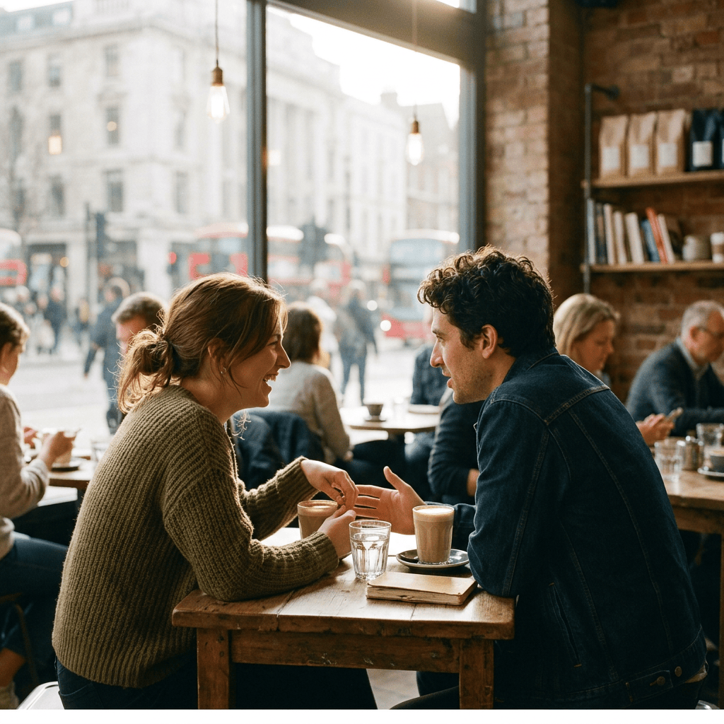 Two people talking over coffee at a café table